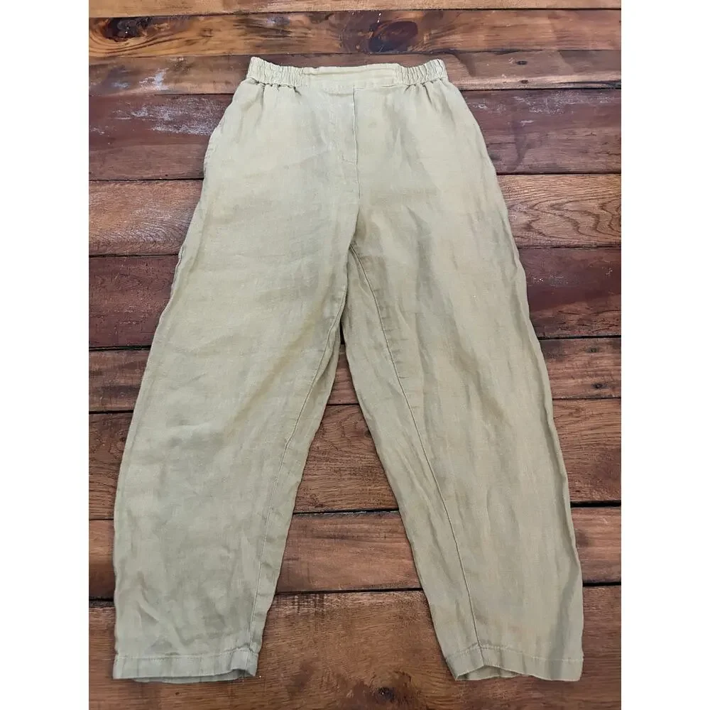 Zara 100% Linen Light Khaki Barrel Pants Size XS